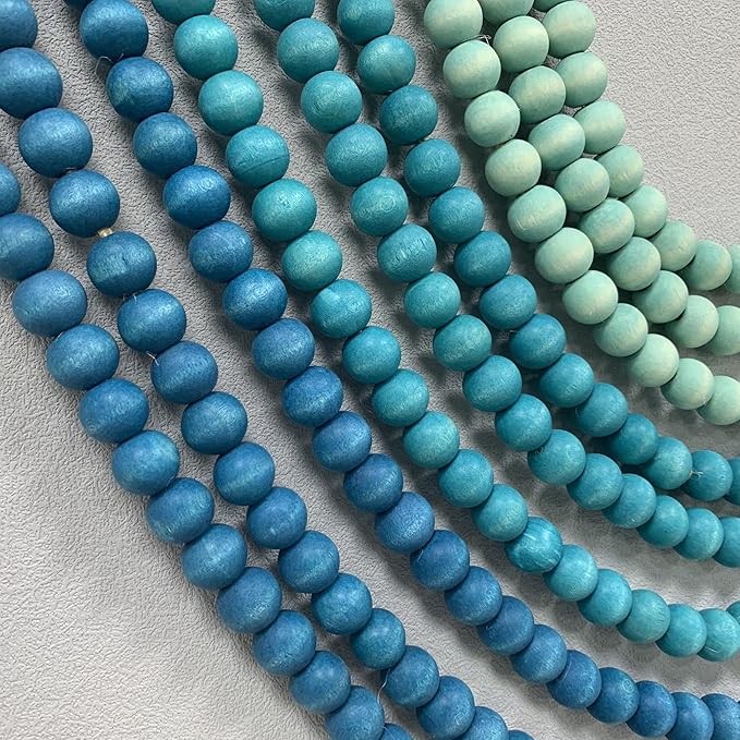 Boho Ombre Wood Bead Wall Hanging, Handmade Unique Giant Art Decor for Bedroom, Nursery, Living Room, or Entryway (Curve Coastal Blue Gradient, 24 Inches)