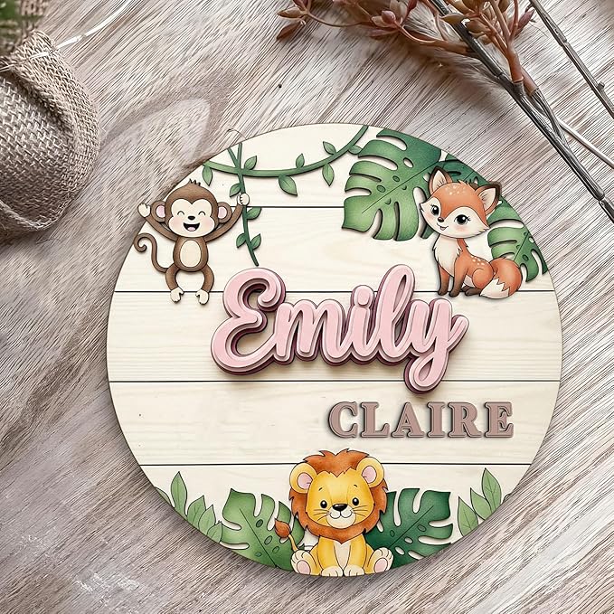 Custom Woodland Animal Name Sign – Wooden Signs Personalized Room Plaque with Monkey, Fox, Lion and Leaves, Nursery Door or Wall Hanging Decor