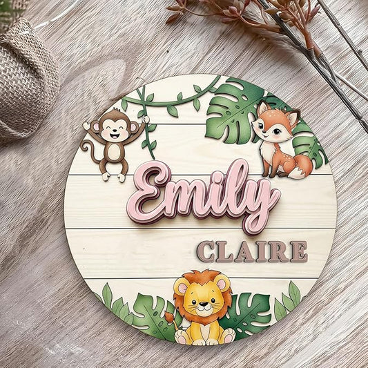Custom Woodland Animal Name Sign – Wooden Signs Personalized Room Plaque with Monkey, Fox, Lion and Leaves, Nursery Door or Wall Hanging Decor