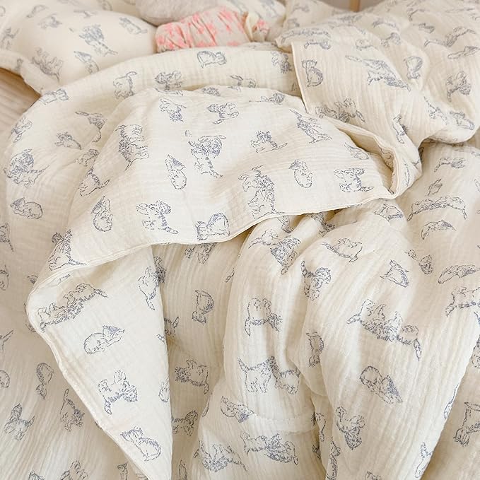 BuLuTu Baby Crib Quilt Cotton Muslin Toddler Blanket for Kids Boys Girls Soft Breathable Toddler Comforter Nursery Quilted Blankets with Lace Edges, 47x59 Inches, Blue Cat Pattern, No Pillow