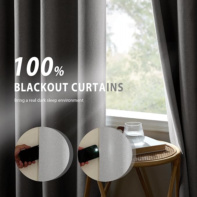 NICETOWN 100% Absolutely Blackout Faux Linen Curtains with Thermal Insulated White Liner, Greyish White, W52, 2 Pieces, Noise Reducing Faux Linen Look Curtains for Windows 95" Length for Classroom