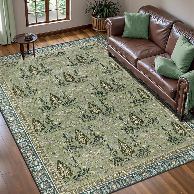 Tangsoo 5x7 Washable Area Rug for Living Room,Non Slip Vintage Boho Green Floral Indoor Rug for Bedroom Office, Soft Low Pile Foldable Floor Rugs for Dining Room Nursery Home Decor
