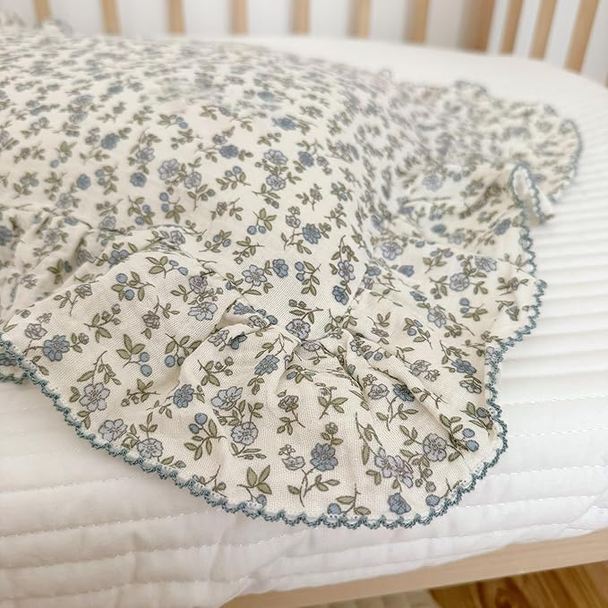BuLuTu 2 Layers Muslin Cotton Toddler Pillowcase, 1 pc, 14"x20", Shabby Chic Blue Floral Print Pillow Cases for Kids Girls Boys Pillow Covers Soft Breathable, Envelope Closure