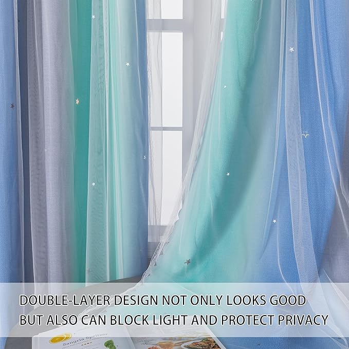 XiDi Blue Green Grey 54 Inches Curtains for Girls Bedroom 2 Panels Set, Blackout Rainbow Curtains for Kids Room Decor, Unicorn Wall Decals Drapes for Little Girl Nursery Room 52 Inches Wide