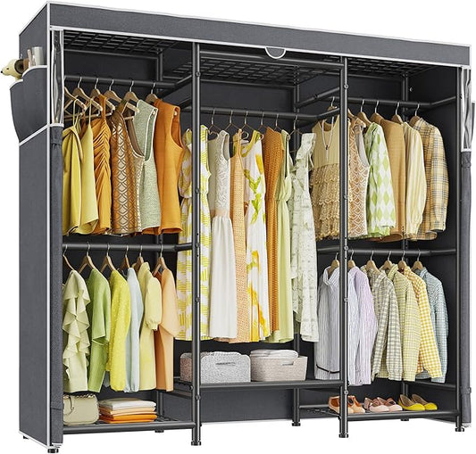 Raybee Clothes Rack with Cover,Portable Closet Heavy Duty,Metal Clothing Racks for Hanging Clothes Adjustable for Bedroom 66.5" Wx15.75 Dx74.8 H Black