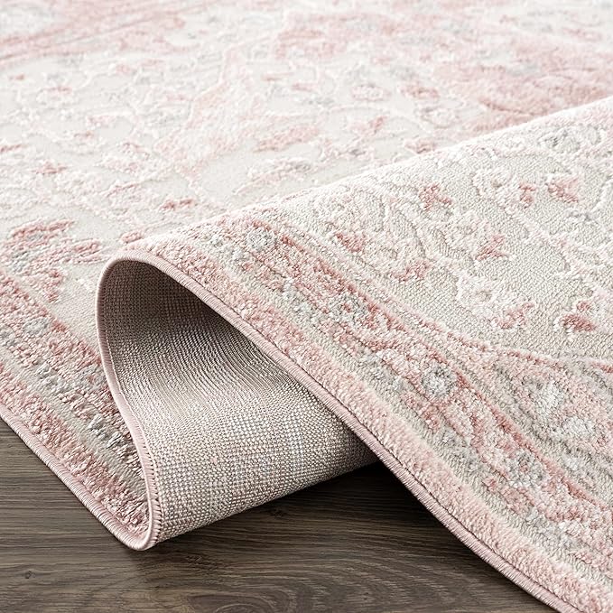 BoutiqueRugs Blush & Light Pink Collection Zora Bohemian Oriental Medallion Area Rug - Traditional Floral Carpet for Living Room, Bedroom - Blush, Pale Pink, Cream - 6'7" x 9'2" (6x9 Area Rug)