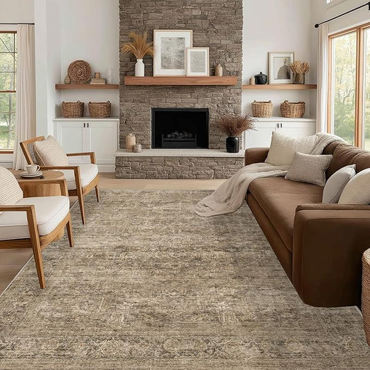 Fmfunctex 8x10 Washable Area Rug Brown Vintage Neutral Distressed Oriental Large Non Slip Carpet for Living Room Bedroom Soft Low Pile Indoor Mat Retro Throw Rug for Dining Room Kitchen Office Nursery