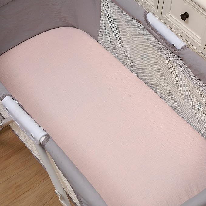 Onacosht Muslin Bassinet Sheets 3 Pack, 100% Cotton Baby Sheet 35" X 20" Compatiable with AMKE 3 in 1 Bassinets, MiClassic, Uiuwoo, Foalom, YADAQE, Milliard and TCBunny Bassinet, Pink and Feather