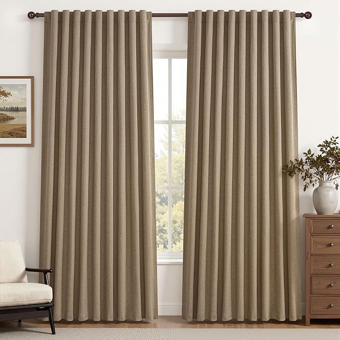 Rust Brown Blackout Curtains 60 Inches Extra Wide Linen 84 Inch Length for Living Room, Pleated Farmhouse Bedroom Chocolate Thermal Drapes for Winter Thick Large Window 60"W x 84"L 2 Panels