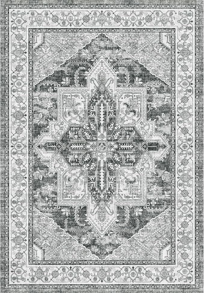 WITSHOCK Living Room Area Rugs 3x5: Washable Rug Boho Soft Non-Slip Low Pile Stain Resistant Foldable Carpet for Bedroom Playroom Dining Room Office Kitchen Foyer Entryway, Farmhouse Home Decor-Gray
