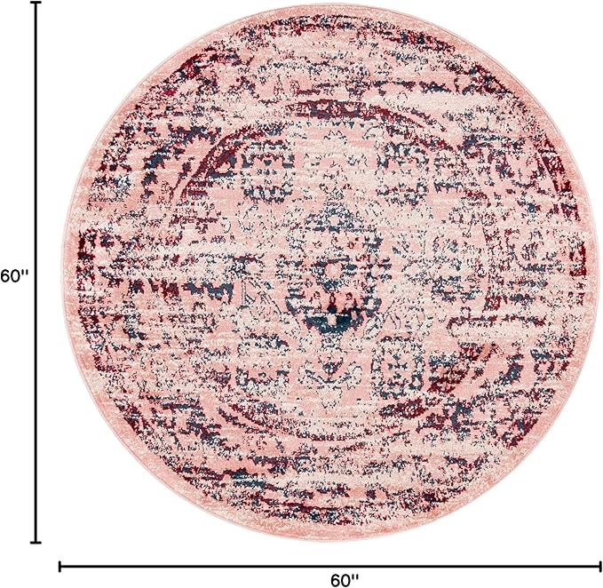 Rugs.com Charleston Collection Rug – 5 Ft Round Pink Low-Pile Rug Perfect for Kitchens, Dining Rooms