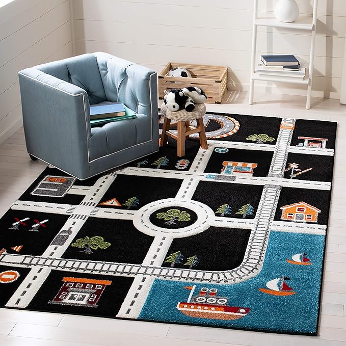 SAFAVIEH Carousel Kids Collection Area Rug - 6'7" Square, Black & Ivory, Non-Shedding & Easy Care, Ideal for High Traffic Areas for Boys & Girls in Playroom, Nursery, Bedroom (CRK192Z)