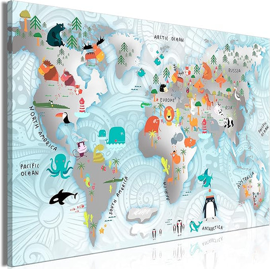 artgeist Textured Canvas Wall Art World Map for Children 35x24 in - 1pcs Painting Canvas Prints Picture Artwork Image Framed Contemporary Wall Home Animals Kids Blue Kindergarten k-C-0136-b-a