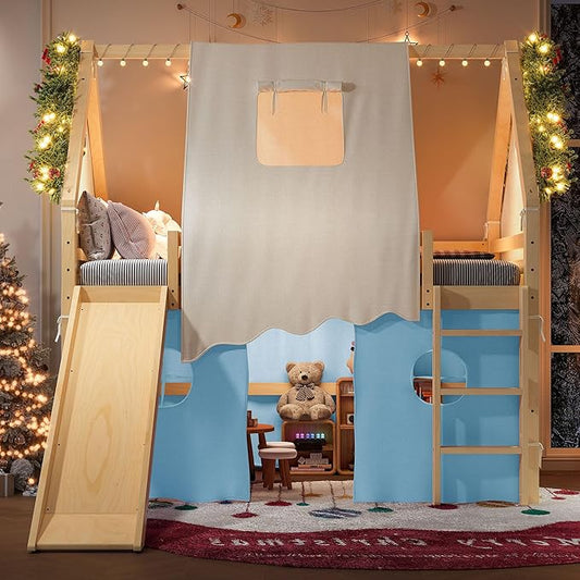 Playhouse Design Full Size Loft Bed with Slide & Tent, Solid Wood Tent Bed Frame for Kids Boys Girls, Versatile Spacious Under Bed Space, Chic Design with Lights (Natural+Blue-Full)