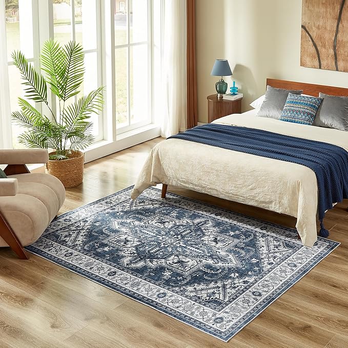 WITSHOCK Living Room Area Rugs 5x7: Washable Rug Boho Soft Non-Slip Low Pile Stain Resistant Foldable Carpet for Bedroom Playroom Dining Room Office Kitchen Farmhouse Home Decor Rug-Blue