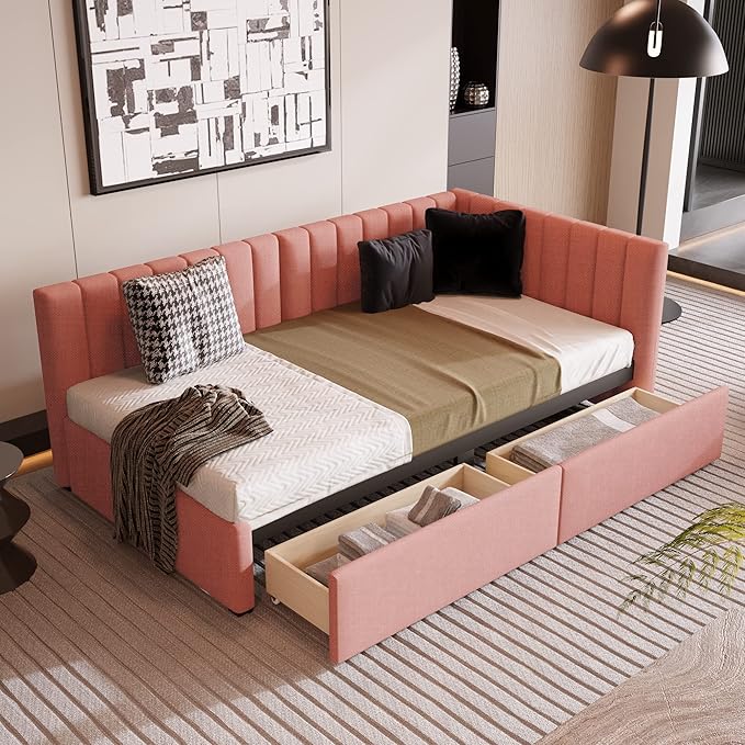 Harper & Bright Designs Upholstered Daybed with 2 Storage Drawers Twin Size Sofa Bed Frame No Box Spring Needed, Linen Fabric (Pink)