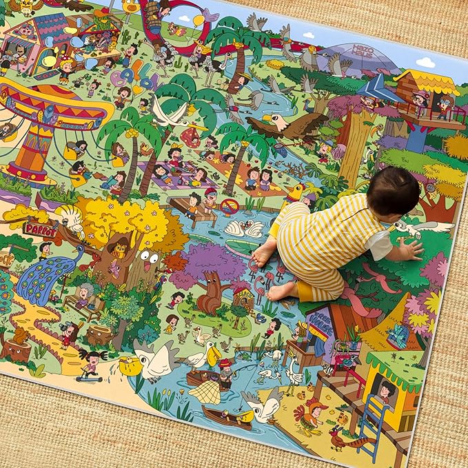 Extra Large Jungle Explorer Rug 8x10 – Vibrant Cartoon Safari with Birds, Boats, Rides & Forest Scenes – Ideal for Playrooms, Classroom, Daycares, or Activity Spaces