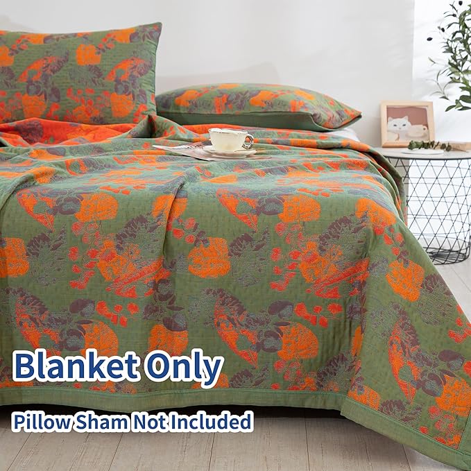 100% Cotton Muslin Blanket Jacquard Ginkgo Leaf Floral Quilt, Soft Bed Cover 3 Layers Lightweight Breathable Gauzy Reversible Bedspread Coverlet Bedding King(98"x94"), No Pillow Sham