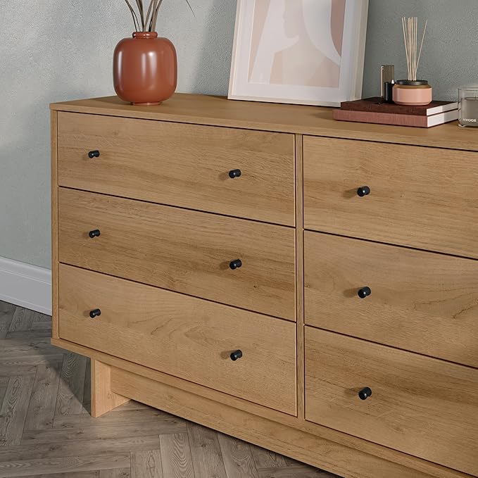 Prepac Finnley 6-Drawer Dresser in Natural Oak, Dresser for Bedroom, Extra-Wide Chest of Drawers with Storage, Modern Clothing Organizer for Home, Bedroom, Living Room, 16" D x 61" W x 31" H