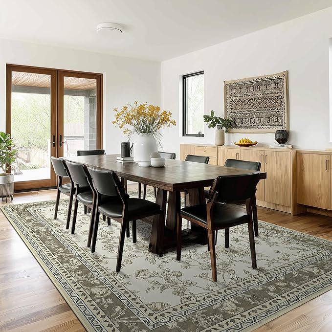 Farmhouse Beige Floral 8x10 Area Rugs for Living Room, Cream Tan Taupe Sketch Pattern Bedroom Rug Boho Low Pile Dining Room Washable Carpet 8x10, Vintage Soft Indoor Non-Slip Floor Covering Nursery
