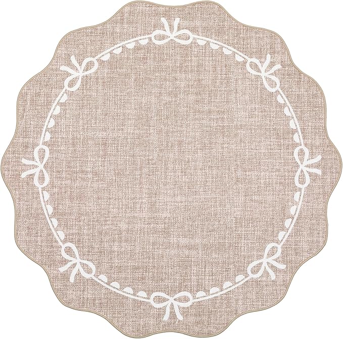 GarveeHome Scalloped Bow Rug for Living Room, 4ft Round Rugs Washable Solid Camel Rug for Dorm Soft Low Pile Non Slip Scalloped Rugs for Nursery Bedroom Decor Kids Room Playroom