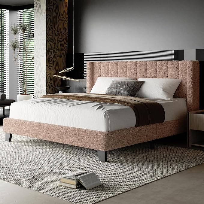 King Bed Frame with Headboard Upholstered Platform Bed Frame with Teddy Velvet Headboard, Wooden Slats Support/Wing Edge Design/No Box Spring Needed/Easy Assembly, Brown King