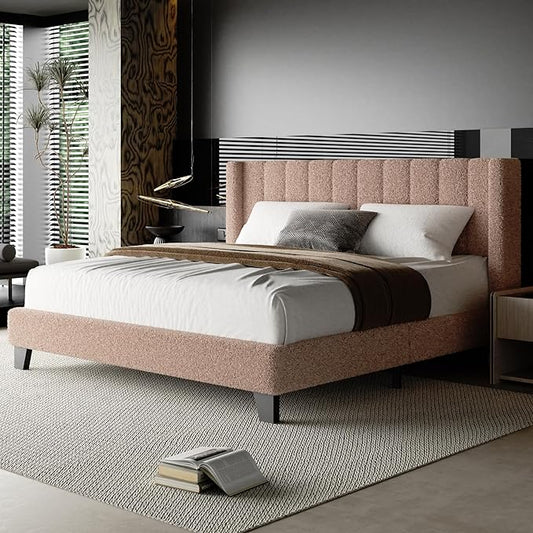 King Bed Frame with Headboard Upholstered Platform Bed Frame with Teddy Velvet Headboard, Wooden Slats Support/Wing Edge Design/No Box Spring Needed/Easy Assembly, Brown King