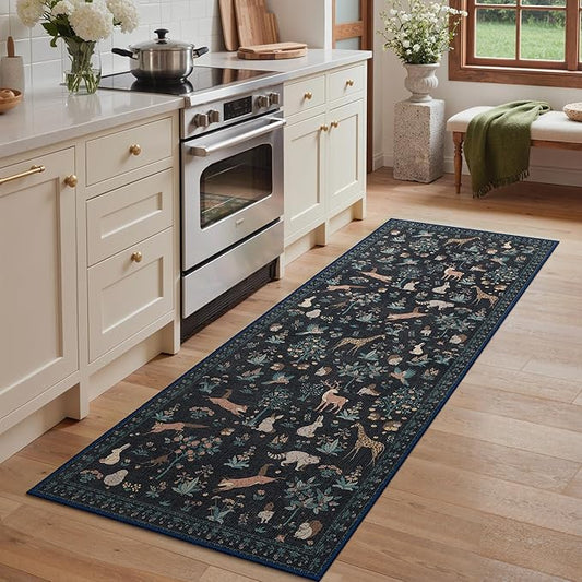 Runner Rug Non Slip 2'6''x 6', Floral Animal Print Rug Machine Washable Rug, Non Slip Low Pile Hallway Runner Carpet for Kitchen, Laundry, Bedroom, Bathroom, Black