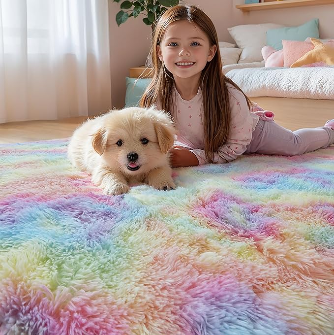 Fluffy 8x10 Large Area Rugs for Girls Bedroom Living Room, Rainbow Soft Washable Shag Carpet for Kids Room, Nursery, Dorm Decor, Colorful Cute Plush Fuzzy Rugs for Baby Toddler
