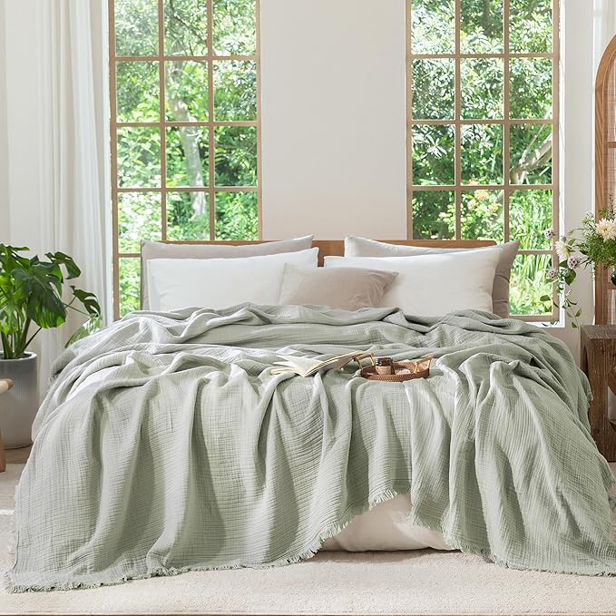 MooMee Muslin Blanket - 100% Cotton 4-Layer Gauze Throw Blanket with Tassels Ultra-Soft Breathable Lightweight Cooling for Bed Couch (Sage Green,Super King 108" x 98")