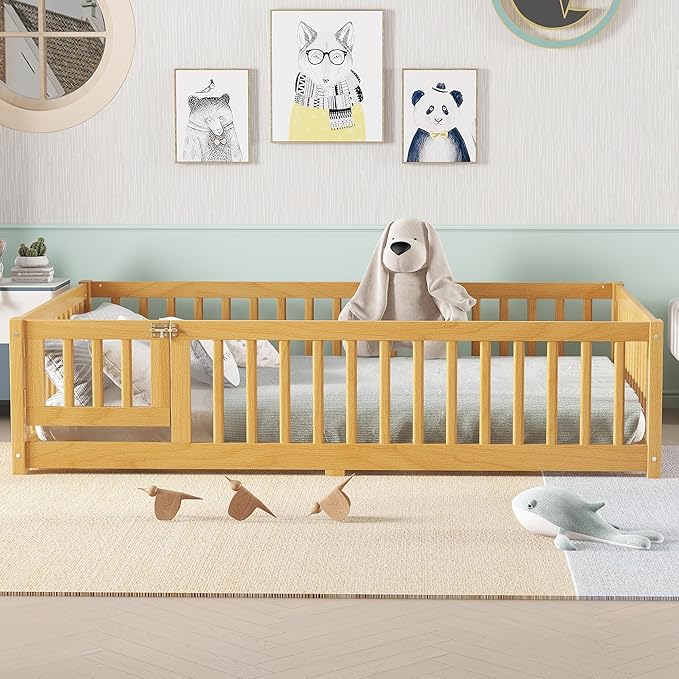 Harper & Bright Designs Full Floor Bed with Safety High Fence, Wood Montessori Bed with Door, Full Size Floor Beds with Solid Wood Support Slats for Boys, Girls, Kids, Natural