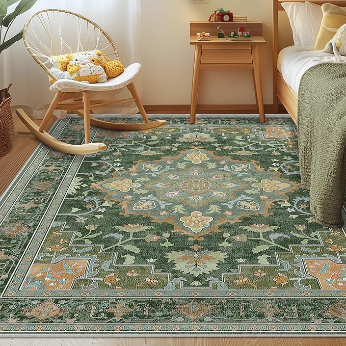Machine Washable Rugs Nursery Rug 8x10 Area Rugs Non Slip Low Pile Water Repellent Soft Print Pattern for Bedroom Indoor Decor Kids Playroom Green
