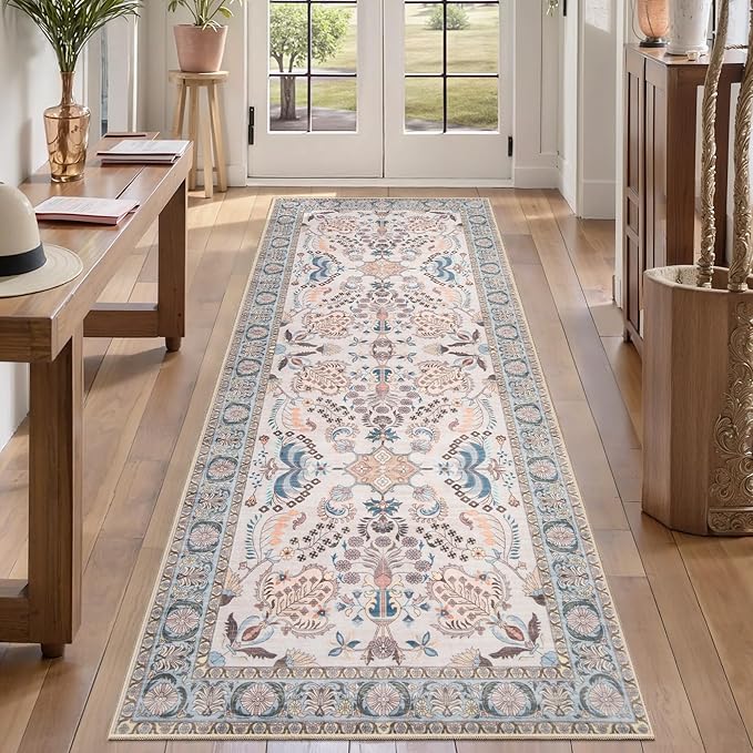 Tangsoo 2x6 Washable Runner Rug for Hallways,Non Slip Vintage Persian Floral Rug Runner, Soft Low Pile Neutral Floor Carpet Runners for Kitchen Bedroom Entryway Living Room Bedside Laundry Home Decor