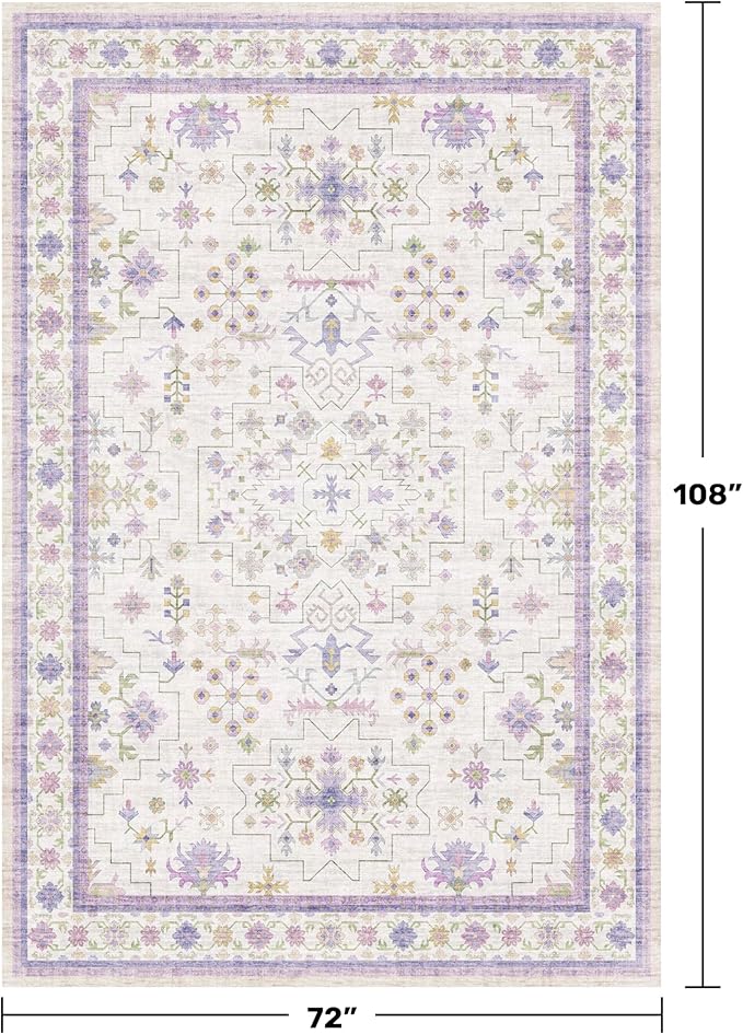 6x9 Lavender Rug for Bedroom, Kids Playroom, Non Slip Large Washable Living Room Area Rug, Low Pile Stain Resistant Foldable Boho Fairy Décor