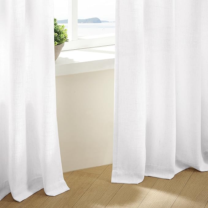 White Linen Pinch Pleated Curtains 102 Inches Long 2 Panels for Living Room Bedroom Snow White Thick Linen Pleated Hooks Rings Back Tab Luxury Light Filtering 102 Inch Curtain Drapes for Sliding Door