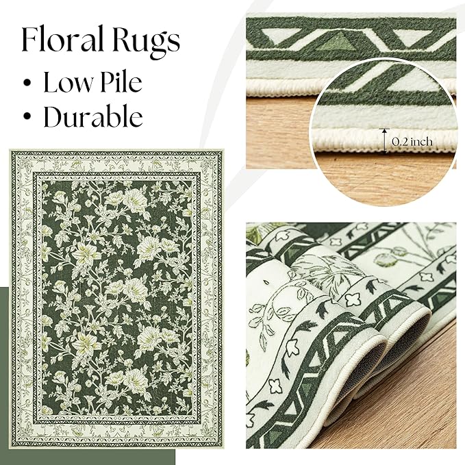 Olive Green Floral Print Area Rugs for Bedroom Living Room Boho Farmhouse Country Rustic Dining Room Carpet Soft Washable Rugs Non Slip Floor Covering for Nursery Playroom 5x8