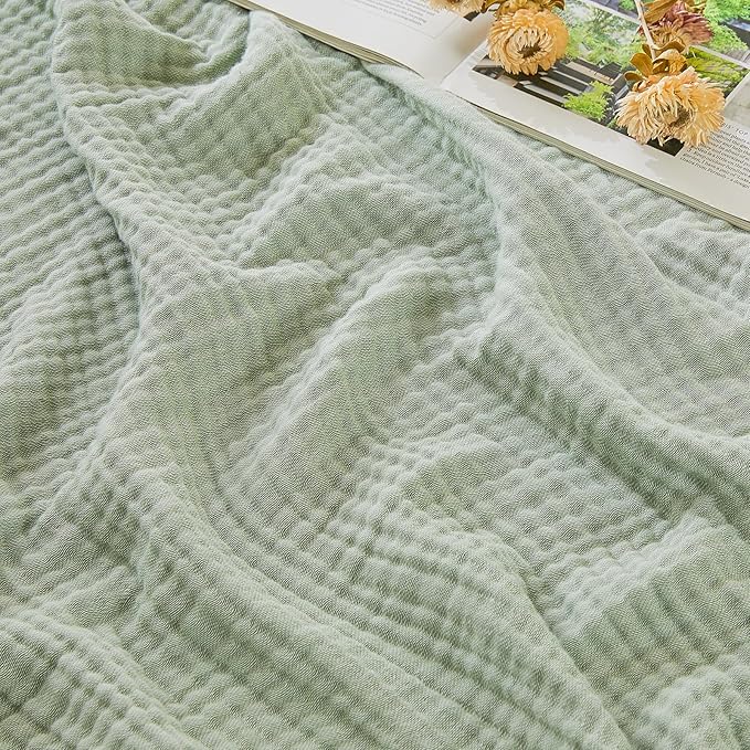 EMME Cotton Muslin King Blanket Bed Layering Bedspread Coverlet Breathable Gauze Soft Lightweight (Heather Sage Green, 108"x90")