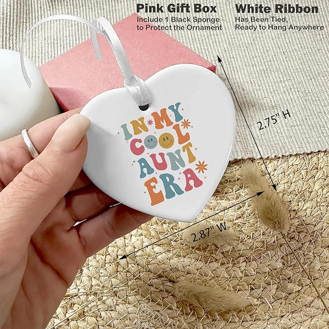 Heart Shaped Christmas Ornament-Cool Aunt Era Gift-Best Aunt Ever Keepsake for Niece Nephew-Birthday or Baby Announcement Present for New Auntie to Be-Promoted to Auntie Ceramic Ornament