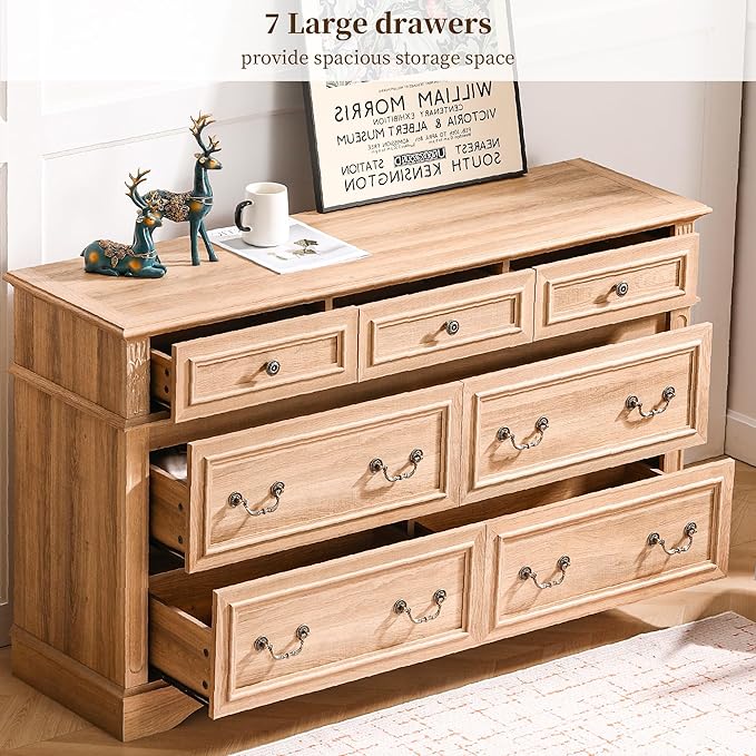 Dresser for Bedroom with 7 Drawers, 55" Wide Dresser for Storage and Organization, Farmhouse Chest of Drawers for Living Room, Closet, Hallway, Natural
