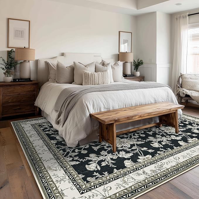 Floral Boho Rug 4x6 Washable Non Slip Area Rug Bohemian Carpet Door Mat Black Beige Taupe Floral Distressed Modern Farmhouse Sketch Style Flower for Bedroom Foldable 4x6 for Entryway Living Room