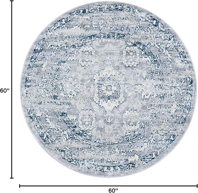 Rugs.com Charleston Collection Rug – 5 Ft Round Gray Low-Pile Rug Perfect for Kitchens, Dining Rooms