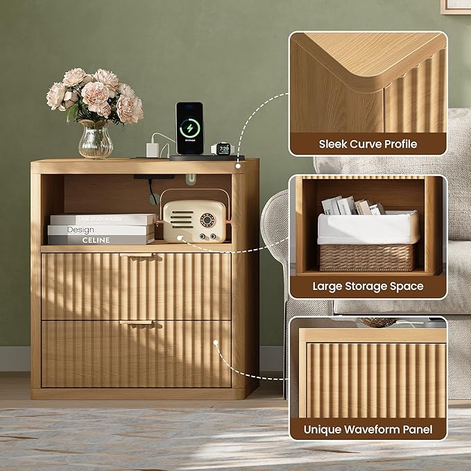 Fluted Nightstand Set of 2 with Charging Station, 21.7" Wide Modern Night Stand with 2 Drawers Open Storage Cabinet, Wooden Bedside End Table for Bedroom, Natural Oak