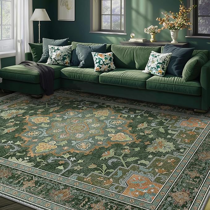 Machine Washable Rugs Nursery Rug 9x12 Area Rugs Non Slip Low Pile Water Repellent Soft Print Pattern for Bedroom Indoor Decor Kids Playroom Green