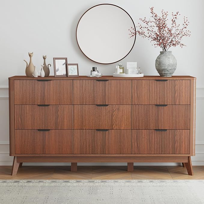 SUNWAVE Fluted 9 Drawer Dresser for Bedroom, 59.1" Wide Modern Large Dresser with Round Corner, Wood Drawer TV Stand for Living Room