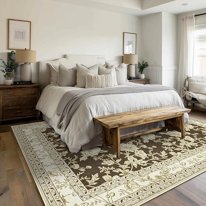 Brown Floral Print Area Rugs for Bedroom Living Room Boho Farmhouse Country Rustic Dining Room Carpet Soft Washable Rugs Non Slip Floor Covering for Nursery Playroom 6x9