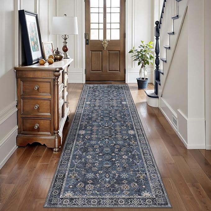 Tangsoo 2.6x10 Washable Runner Rug for Hallway Non Slip, Boho Floral Vintage Carpet Long Runner Rugs for Entryway Kitchen, Floor Low Pile Runners for Laundry Bedroom Alfombra Blue Black Farmhouse