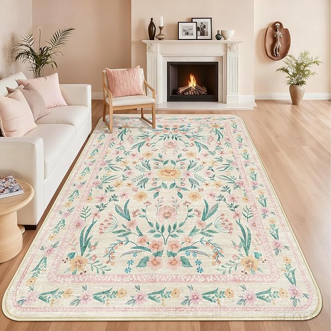 Pink Boho Floral Area Rug 7x9, Machine Washable Non-Slip Carpet for Girls Bedroom, Living Room, or Dining Room, Low Pile Soft Rug for Under Table or Bed, Aesthetic Home Décor