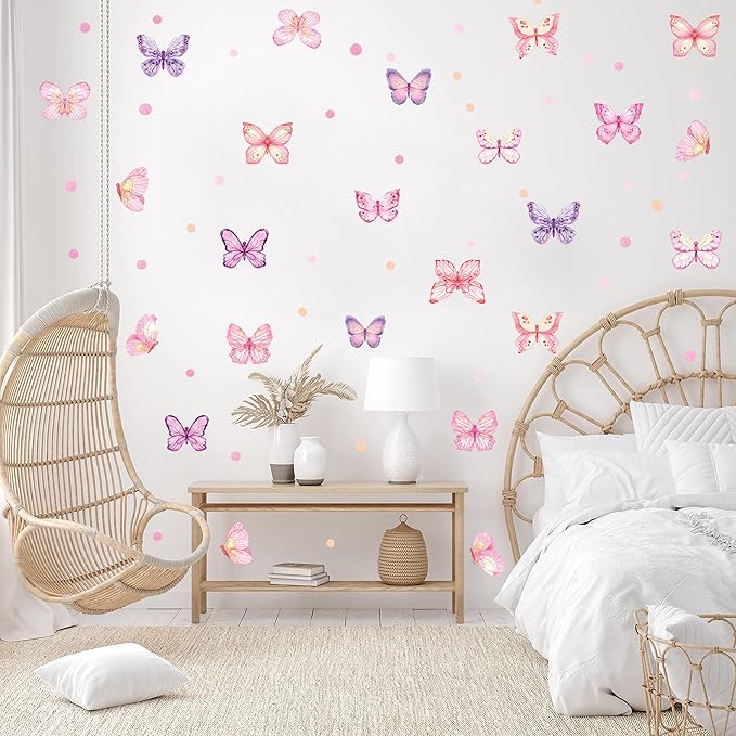 Pink Butterfly Wall Stickers,Butterflies with Plot Dots Vinyl Wall Decals, Removable Butterfly DIY Wall Art for Girl Bedroom Nursery Room Decor