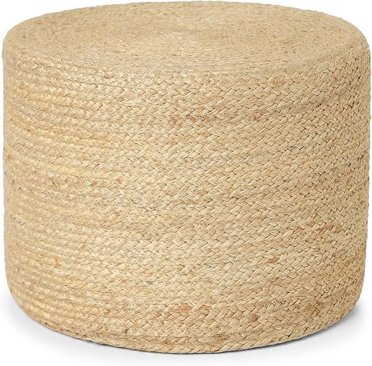REDEARTH · Cylindrical Pouf Foot Stool Ottoman - Jute Braided Pouffe Poof Accent Sitting Footrest for Living Room, Bedroom, Nursery, Patio, Lounge & Other Rooms (Natural, 18"X18"X14")
