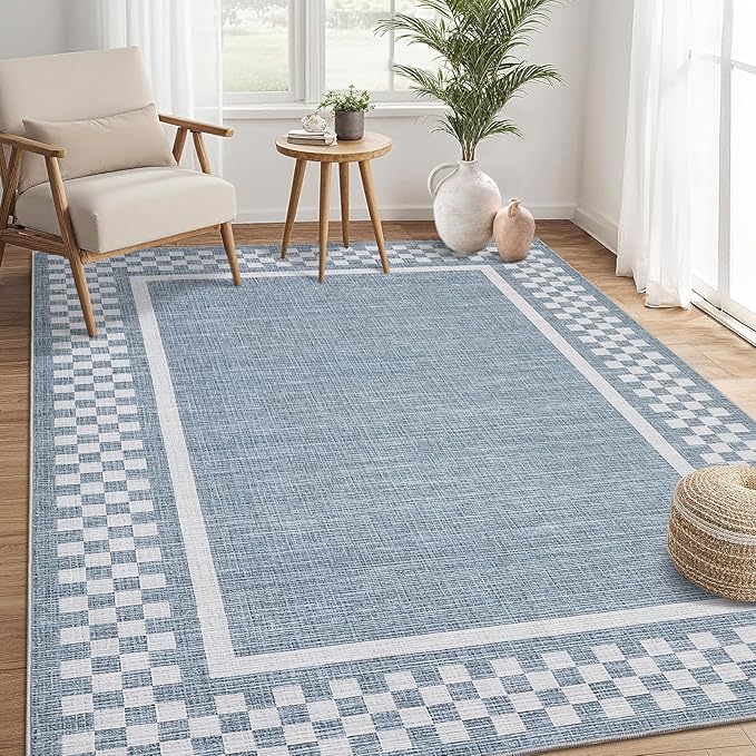 GarveeHome Washable Area Rugs 10x13 Non Slip Soft Large Living Room Rug Modern Checkered Bedroom Rug Soft Geometric Bordered Throw Carpet for Dining Room Home Decor Office Nursery, Blue